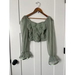 Love X Design Sage Green Swiss Dot Ruched Mesh Crop Top Long Sleeve Bell Cuff S